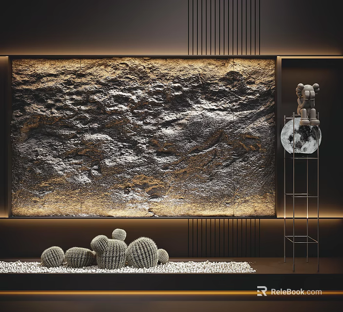 Textured Illuminated Background Wall In Modern Interior With Cacti And Shelf 3d model