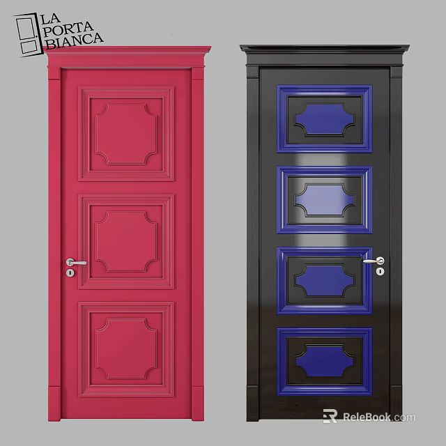 Red And Black Hinged Doors With Decorative Panel Design And Silver Handles 3d model