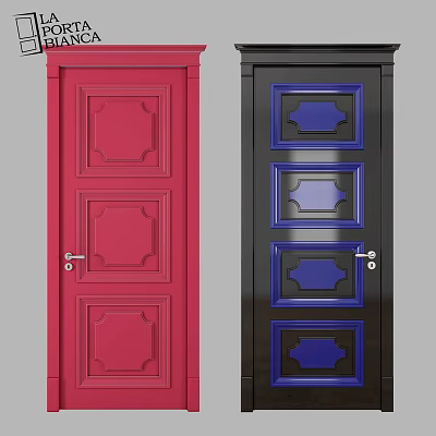 Red And Black Hinged Doors With Decorative Panel Design And Silver Handles 3d model