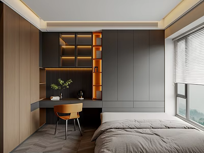 Tatami Bedroom Interior With Modern Design Desk Chair Storage Cabinets Lighting And Window Blinds 3d model