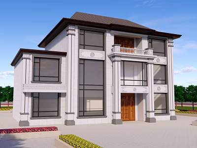 Two Story Detached Villa With White Exterior Wooden Door Porch And Landscaping 3d model