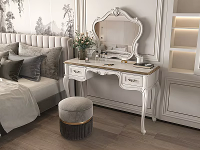 Modern Luxury White Dressing Table in Bedroom with Carved Design Ornate Mirror Drawers and Stool 3d model
