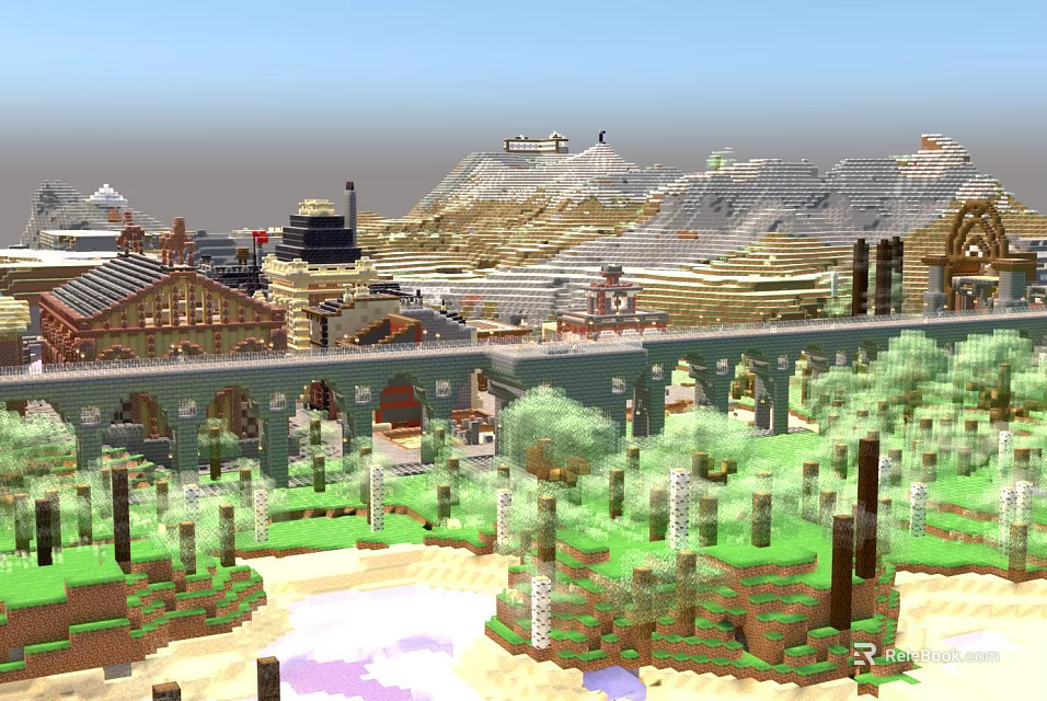 Pixel Art Building Complex With Various Structures Green Areas And Trees 3d model 
