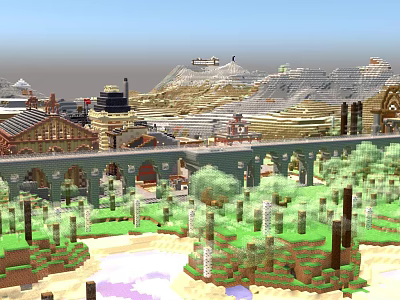 Pixel Art Building Complex With Various Structures Green Areas And Trees 3d model