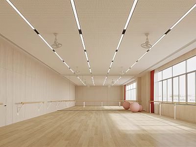 Fitness Dance Studio With Wooden Floor Ballet Barres Pink Exercise Balls And Large Windows 3d model