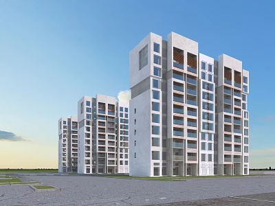 Modern High Rise Residential Building with White Exterior Large Windows Balconies and Blue Sky 3d model