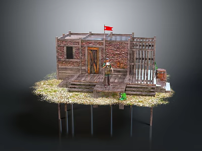 Wooden Cabin Model With Red Flag Fence Platform And Straw Covered Ground 3d model