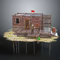 Wooden Cabin Model With Red Flag Fence Platform And Straw Covered Ground