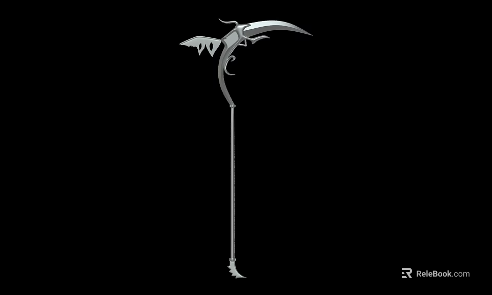 Elegant Metallic Scythe Weapon With Long Handle And Decorative Wing Shaped Design 3d model 