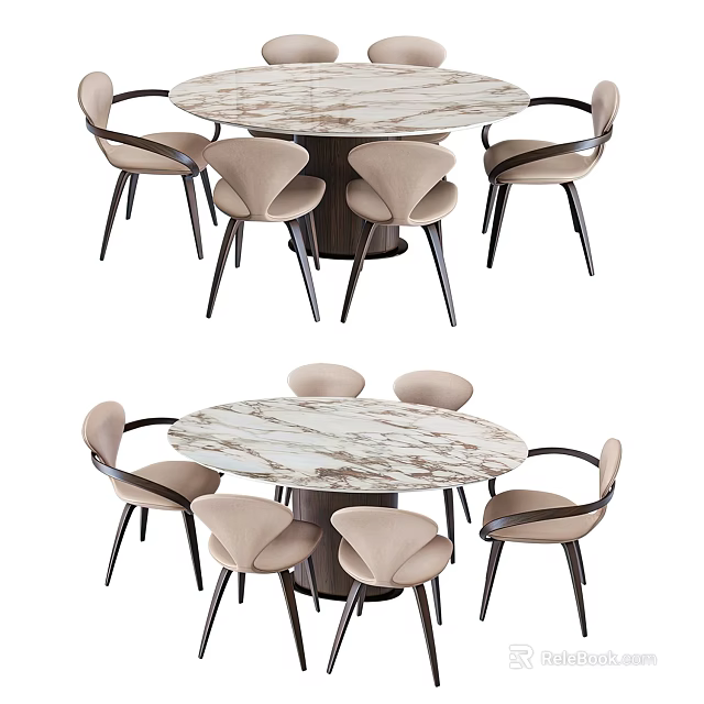 Elegant Round Dining Table Set With Marble Tabletop And Light Upholstered Chairs 3d model