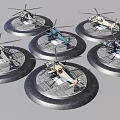 Weapon Detailed Military Helicopter Models Displayed On Multiple Circular Bases 3d model