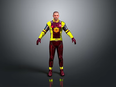 Futuristic Superhero Costume 3D Model With Red Yellow Design And Glowing Chest Emblem 3d model