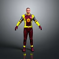 Futuristic Superhero Costume 3D Model With Red Yellow Design And Glowing Chest Emblem