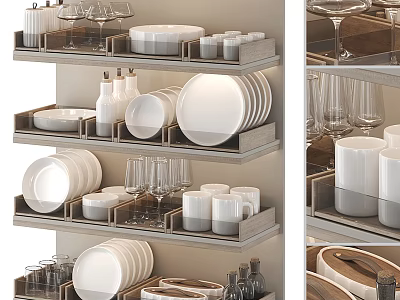 Organized Dinnerware Set With Plates Mugs Glasses Bottles On Multi Tiered Shelves 3d model