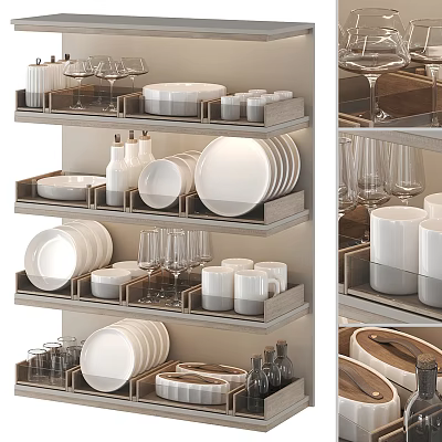 Organized Dinnerware Set With Plates Mugs Glasses Bottles On Multi Tiered Shelves 3d model