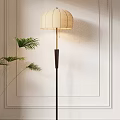 Modern Floor Lamp With Beige Fabric Shade And Dark Wooden Stand Near Green Palm Plant