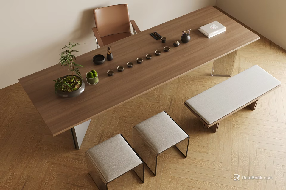 Modern Wooden Dining Table With Stools And Green Plants Tea Sets 3d model