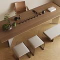 Modern Wooden Dining Table With Stools And Green Plants Tea Sets 3d model
