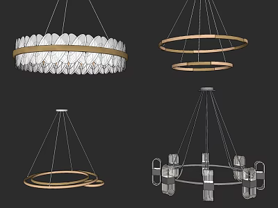 Elegant Modern Chandeliers With Glass Elements And Layered Circular Wooden Frames For Interior Decoration 3d model
