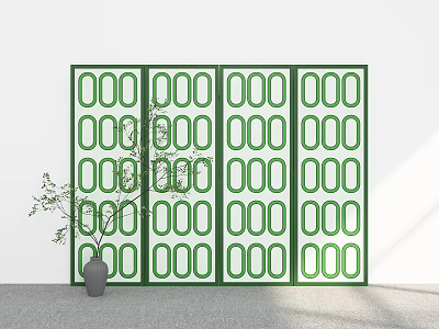Green Decorative Screen with Oval Patterns in Modern Interior and Potted Plant 3d model