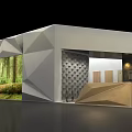 Exhibition Booth With Geometric Gray Design And Large Forest Backdrop Display Area