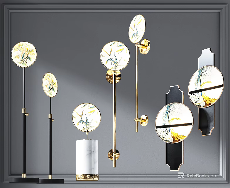 Modern Decorative Lighting Combinations With Round Shades Gold Black Frames Marble Bases And Plant Patterns 3d model 