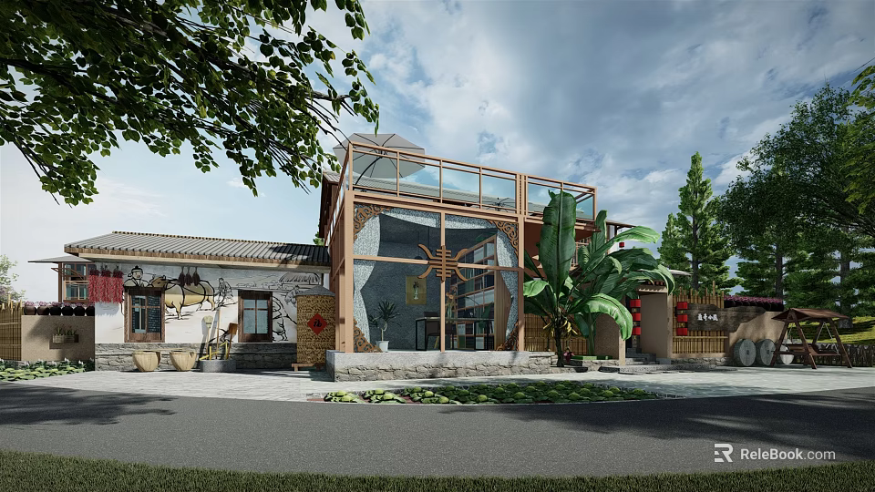 Traditional Modern Boutique Guesthouse With Glass Structure And Lush Greenery Courtyard 3d model 