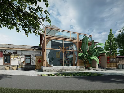 Traditional Modern Boutique Guesthouse With Glass Structure And Lush Greenery Courtyard 3d model
