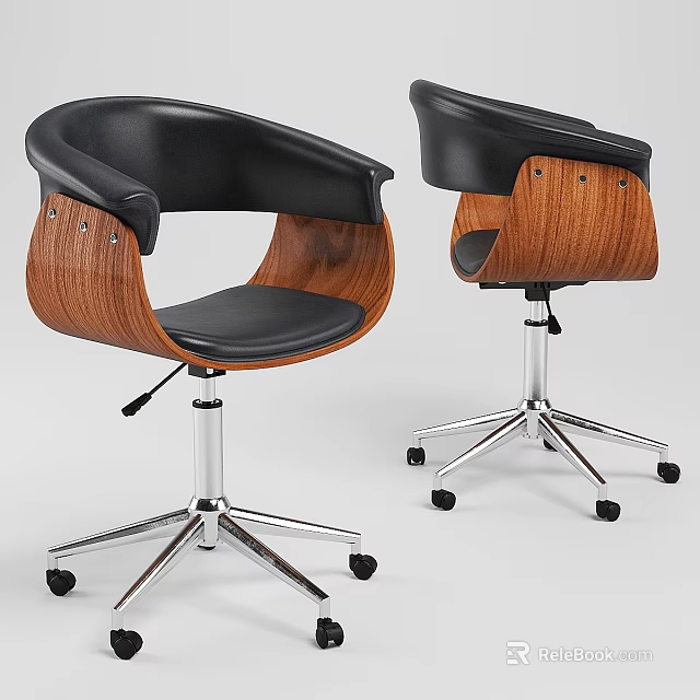Modern Chair Set With Black Leather Seat Wooden Armrests And Metal Base With Wheels 3d model 