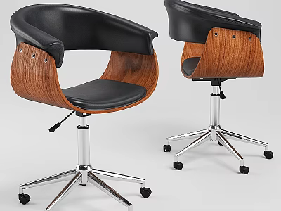 Modern Chair Set With Black Leather Seat Wooden Armrests And Metal Base With Wheels 3d model