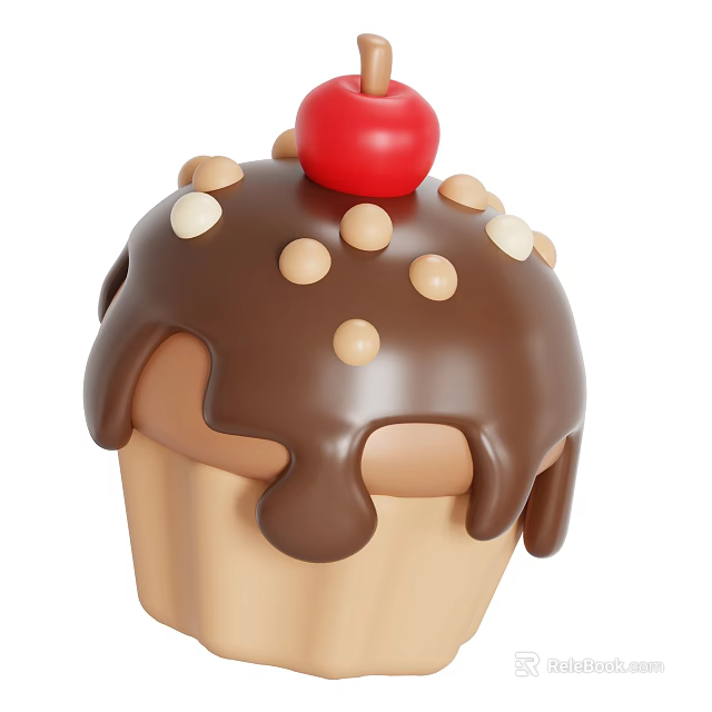 Sweet Cupcake In Paper Wrapper With Drizzled Chocolate Sauce Nuts And Red Cherry 3d model 