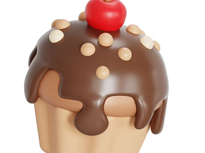 Sweet Cupcake In Paper Wrapper With Drizzled Chocolate Sauce Nuts And Red Cherry 3d model