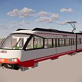 Modern Red and White Electric Tram with Large Windows Front View and Overhead Lines