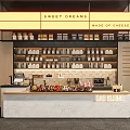 Stylish Modern Cafe Bar Counter With Exquisite Dessert Display And Warm Illuminated Storage Shelves