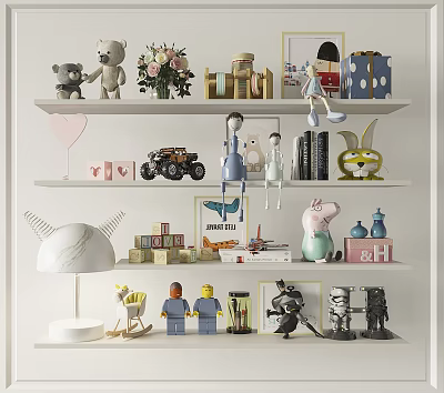 Creative Decorative Ornament Collection with Teddy Bear Flower Bouquet Building Blocks Books and Lego Figures 3d model