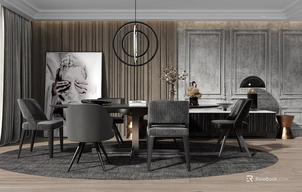 Stylish Modern Dining Table Set With Grey Chairs Circular Pendant Light And Artwork 3d model