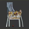 Still Life Scene With Chair Holding Fruits Plate Mug And Red Ball On Floor