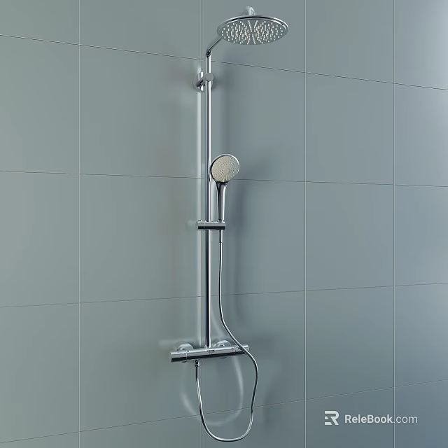 Modern Wall Mounted Shower System in Bathroom with Gray Tiles and Chrome Finish 3d model 