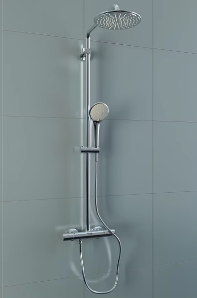 Modern Wall Mounted Shower System in Bathroom with Gray Tiles and Chrome Finish 3d model