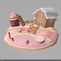 Festive Gingerbread House Scene With Cupcake Pink Sugar Surface Ladder Fence And Lollipop