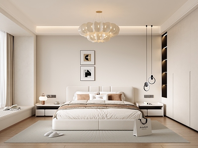 Cream Style Bedroom Double Bed Vase Ornaments Chandelier Wardrobe Book Carpet Curtain Table Lamp model