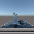 Modern Urban Water Fountain With Silver Sculpture Square Base And Blue Sky