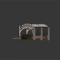 Vintage Covered Railway Station Platform With Striped Canopy Rail Tracks And Wooden Log Carts