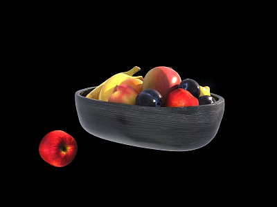 Fresh Banana Apple Plum Fruits In Dark Bowl With Single Red Apple On Black Background 3d model