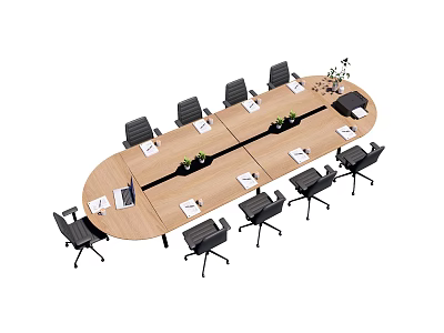 Oval Wooden Conference Table With Black Office Chairs Laptops Documents And Small Plants 3d model