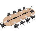 Oval Wooden Conference Table With Black Office Chairs Laptops Documents And Small Plants