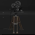 Vintage Movie Projector Commercial Equipment With Wooden Tripod And Film Reels