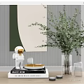 Stylish Decorative Ornament Set with Astronaut Figurine Books Green Foliage Vase And Glass Candles