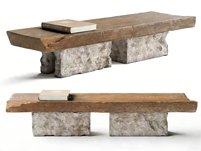 Natural Wooden Outdoor Bench With Stone Support Legs And Decorative Block 3d model