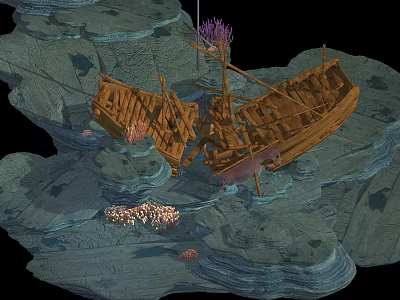 Underwater Wooden Shipwreck Structural Remains Surrounded By Rocks And Coral 3d model